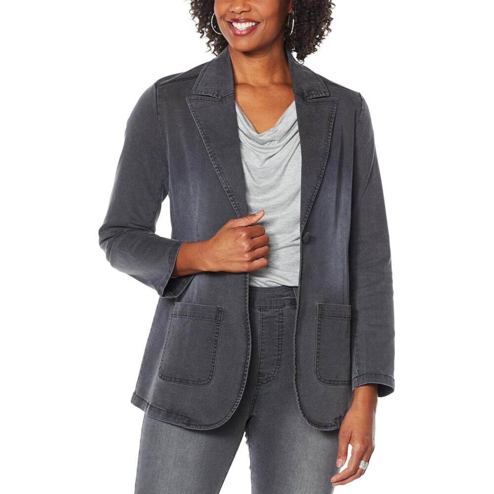 DG2 by Diane Gilman FLEXstretch Tailored Blazer Coat, Deep V-neck, Large GRAY
